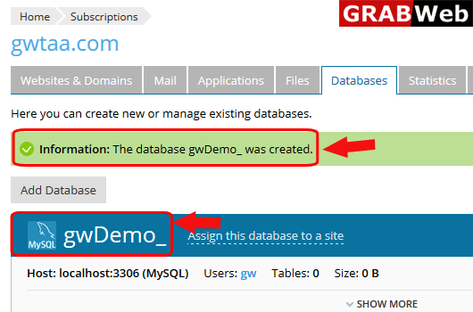 How to add database in domain in Plesk 12.5 ? - GRABWEB [India]